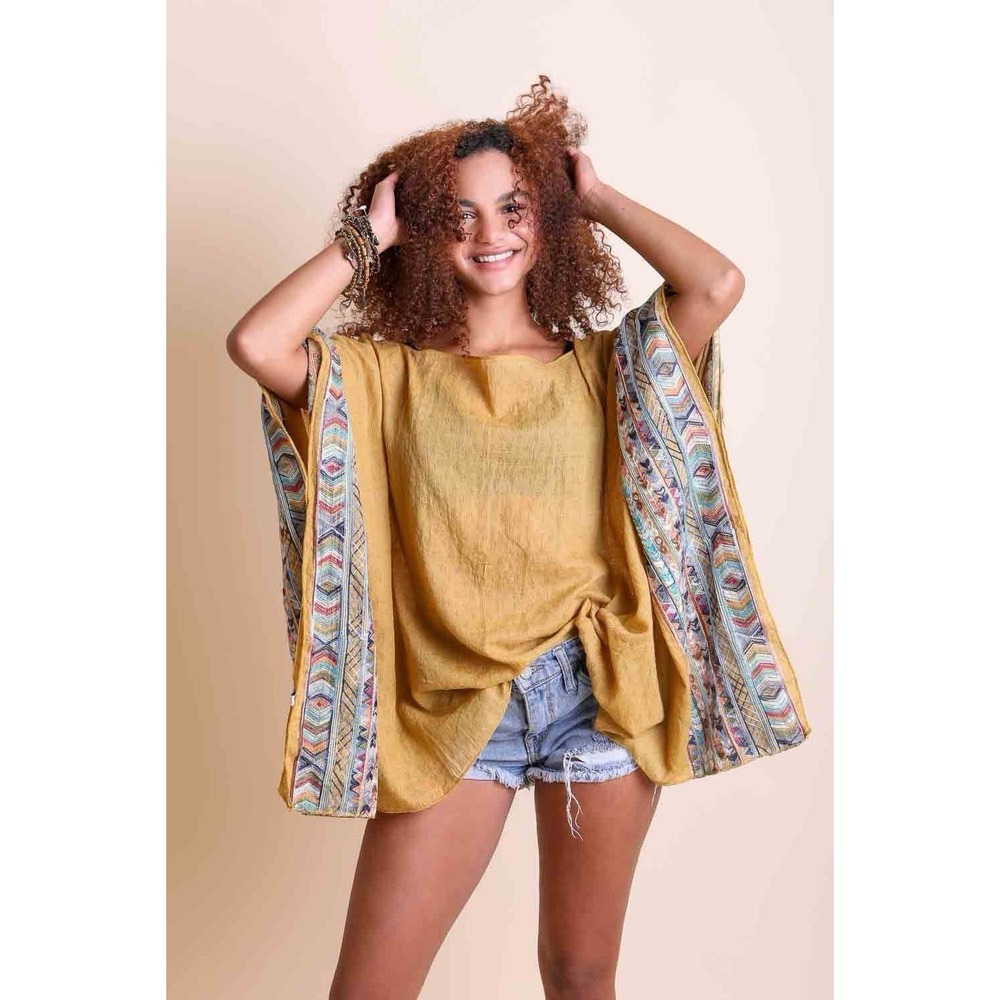 Geometric Embroidered Sleeve Kimono w/ Armholes One Size